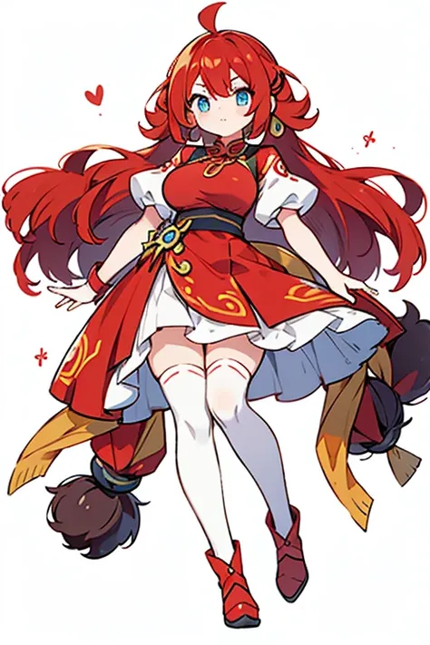 human monkey pokemon; big breasts;full body;Costumes inspired by the Gowkaza Pokemon;red cheongsam;blue eyes;Red hair;white stockings;background white;No background;