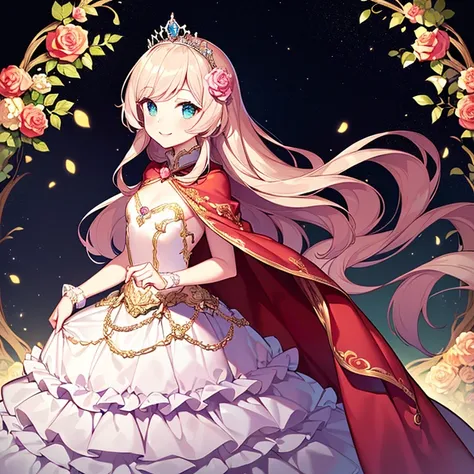 (kawaii),(best quality),(ultra detailed),(rococo style),(long train pastel pink cape:1.15), very long cape,(long train white ball gown with flower decorations:1.1), a girl is wearing a cape over her gown,(she has a western style fan:1.05), 1 little princes...