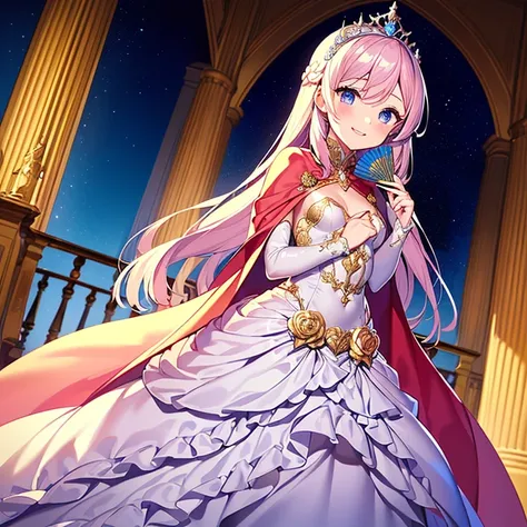 (kawaii),(best quality),(ultra detailed),(rococo style),(long train pastel pink cape:1.15), very long cape,(long train white ball gown with flower decorations:1.1), a girl is wearing a cape over her gown,(she has a western style fan:1.05), 1 little princes...