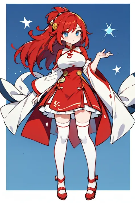 human monkey pokemon; big breasts;full body;Costumes inspired by the Gowkaza Pokemon;red cheongsam;blue eyes;Red hair;white stockings;background white;No background;