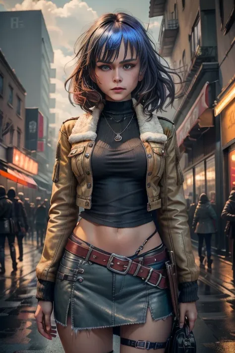 1 girl，hiccup jacket，dark storm clouds，bitter，rapture，blouse，super skirt , black pants，open jacket，hair on the back，8k resolutio...