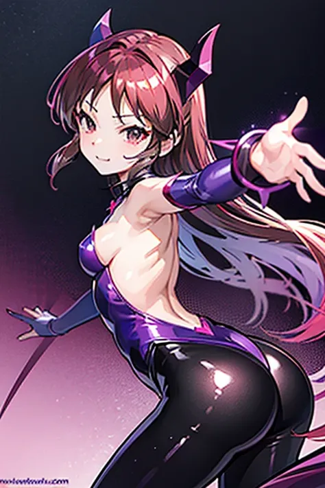 draw the face carefully　High quality anime style faces　super shiny skin　Black and purple leotard with red trim　pink pantyhose　Succubus　lure　smile　photo seen from behind