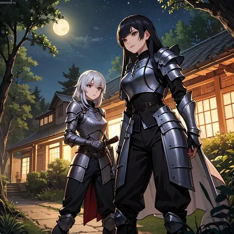 A group of  female knights, (in forest), various hair styles, harem, wearing armored clothes, metal armor, night, details face, trousers, seducing, sword,