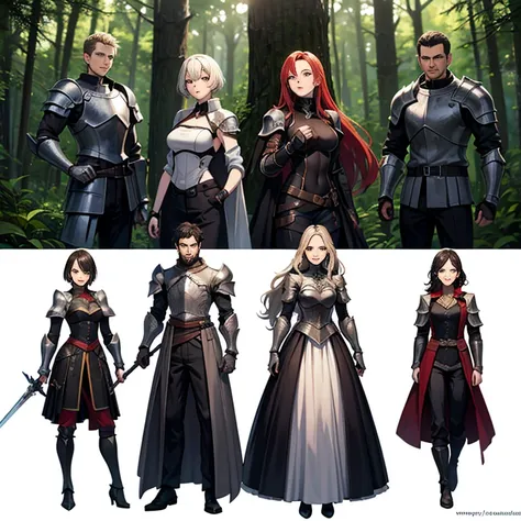 A group of  female knights, (in forest), various hair styles, harem, wearing armored clothes, metal armor, night, details face, trousers, seducing, sword,