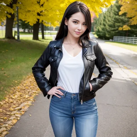 amerikanische frau, mit schwarzen haaren, 8k, Lachen auf dem Gesicht, Realistic 3D full body poster shot, beautiful sweet american 22 year old girl, Jeansjacke, schwarzes Haar, lockiges Haar, Seitengasse, Hands in pockets, Weicher Fokus,depth of field, com...