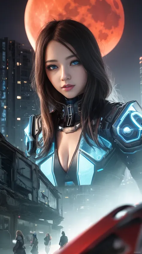 (8k, masterpiece, best quality), ultra-detailed, high quality, high resolution, beautifully detailed face, perfect face, cyberpunk girl, mecha, ruins of city, white long hair, nighttime, red moon background, red neon, busty, perfect anatomy, rain, blue eye...