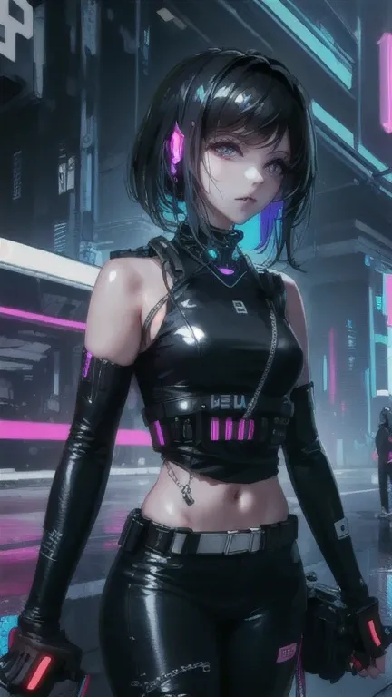 ((best quality)), ((work-before)), (highly detailed:1.3), .. 3d, beautiful (cyberpunk:1.3) , stylish woman looking at camera, bl...