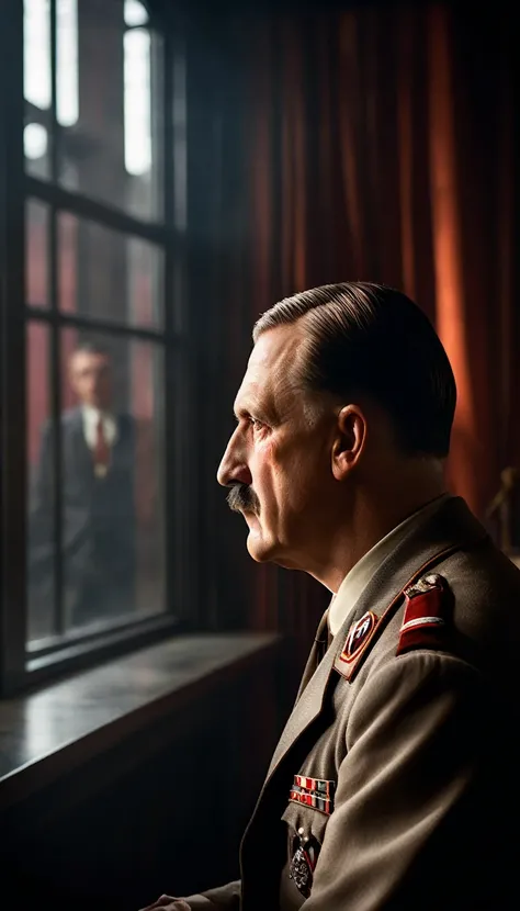 Depict Hitler staring out a window, gazing longingly at the Academy building in the distance, symbolizing his unfulfilled artistic aspirations, background dark, hyper realistic, ultra detailed hyper realistic, photorealistic, Studio Lighting, reflections, ...