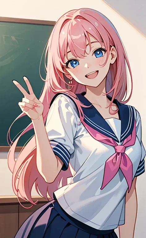 (​masterpiece、top-quality、8k size wallpaper、offcial art)、(portrait,upper body)、(1girl),Open mouth happy grin,cute face,blue eyes、
,(stand),
,(sexy body),(sailor uniform,skirt),(long pink hair), (small breasts)、
、classroom,JK、