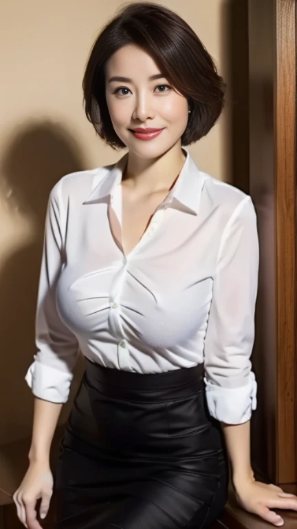 ((highest quality, 8K, masterpiece, portrait: 1.3)), (looking at the viewer), (full shot:0.85), attractive business mature woman, 1 person, a little chubby:0.４,brown medium hair、 white collared shirt, gray tight skirt,((big breasts 2.3)) (big pelvis:0.9), ...