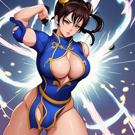 Chun li dans sa combinaison de combat moulant avec ses cheveux brun avec ses gros seins et ses grosse fesse 