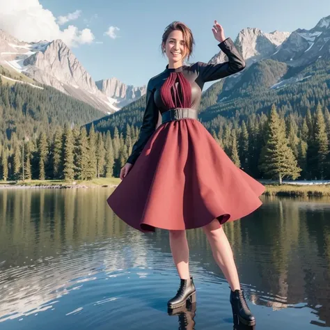 amerikanische frau, mit schwarzen haaren, 8k, Lachen auf dem Gesicht, Realistic 3D full body poster shot, berge im hintergrund, ein see davor, die frau in einem langen roten kleid, und modische schuhe, hands behind the head,