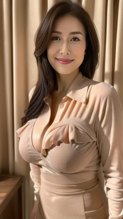 ((highest quality, 8K, masterpiece, portrait: 1.3)), (looking at the viewer), (full shot:0.85), attractive business mature woman, 1 person, a little chubby:0.４,brown medium hair、 white collared shirt, gray tight skirt,(((big breasts 2.3))) ((big pelvis:0.9...