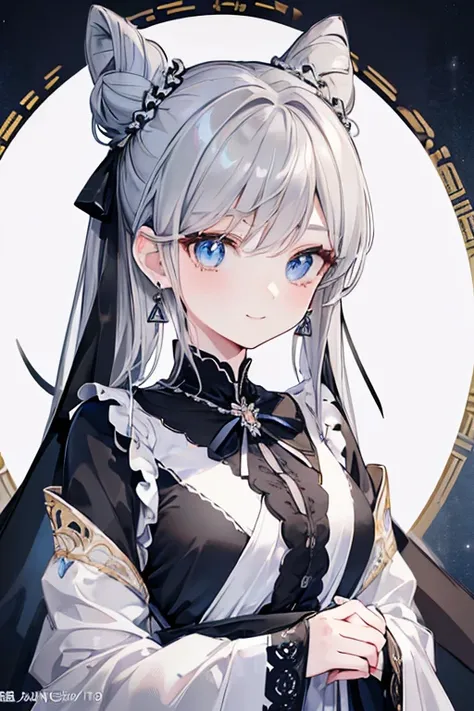 ((beautiful elegant girl)), blue big eyes,  1  and slender woman, slightly bigger breasts,   ((Gray hair)),((black ribbon twin bun hair,)),In 8K, top quality, (highly detailed head: 1.0), (very detailed face: 1.0), (highly detailed hair: 1.0),((black idol ...