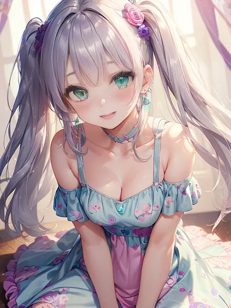 小さなgirl、The arrival of spring、big ass、 (alone:1.5,)Super detailed,bright colors, very beautiful detailed anime face and eyes, look straight, ;d, shiny_skin,girl, ((long silver hair,The inner color is red 、forehead is exposed.、green eyes、、shiny hair, delica...