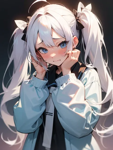 white hair twintails、Play with your hair、embarrassed