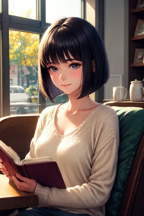 High resolution, beautiful woman with bob cut, reading a book, in a cozy cafe, soft smile, natural light, cinematic quality