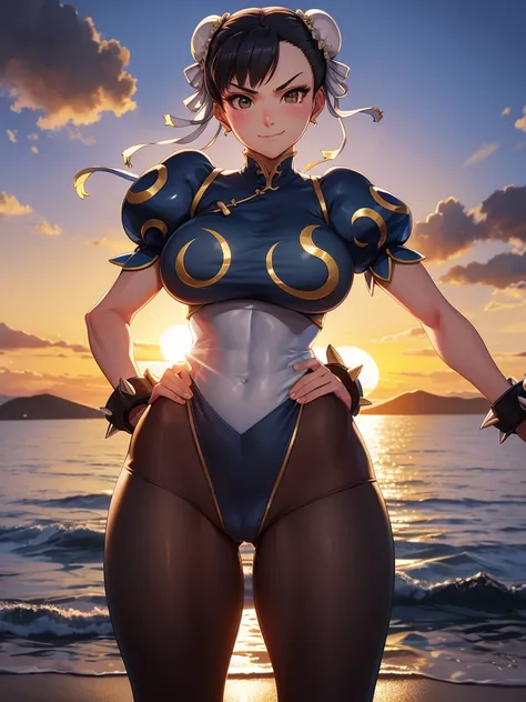 full,solo, low lighting, chun li masterpiece, best quality, agrias, grey sweater, black leotard, standing, looking at viewer, black hair,angry,smile,sunset,lago, reflexo na agua, por do sol
