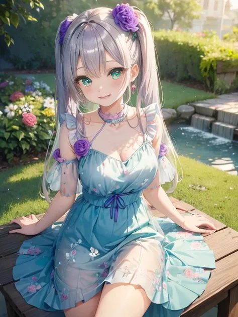 小さなgirl、thick thighs、The arrival of spring、big ass、 (alone:1.5,)Super detailed,bright colors, very beautiful detailed anime face and eyes, look straight, ;d, shiny_skin,girl, ((long silver hair,The inner color is red 、forehead is exposed.、green eyes、、shiny...