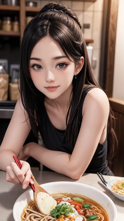 realistic pictures (1 cute korean actress), Tank top, At a ramen shop, smile, canon eos, clear facial features, close-up portrait, Cinematic mode, 8K