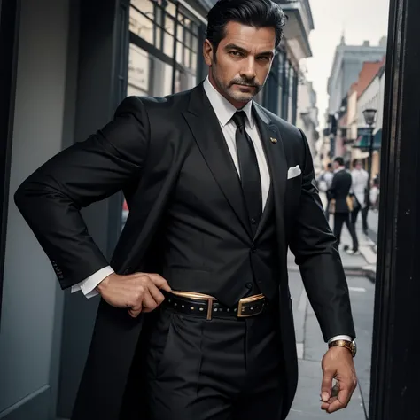 Man in his 40s elegant black and white mayor suit black pants belt with gold buckle slim build muscular background of New Orleans looking straight at viewer 