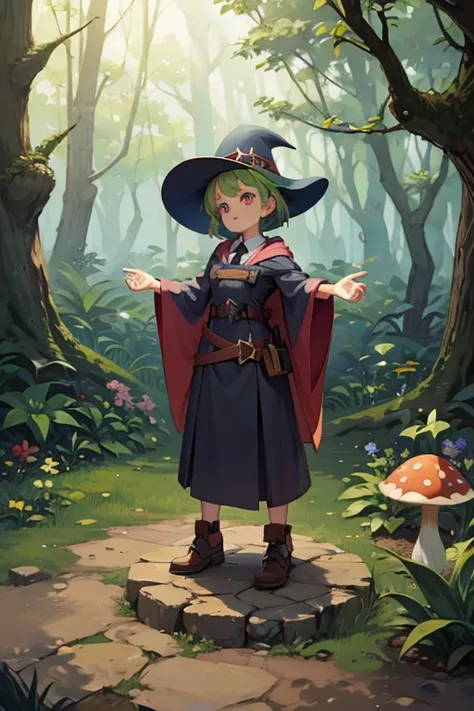 a light green haired female witch with pink eyes with an hourglass figure wearing a Victorian dress is gathering mushrooms  in a magical forest