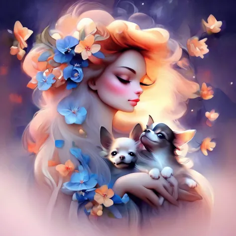 long hair、A woman with Siberian wallflowers in her hair、holding two small chihuahuas in his arms。., background number 28,beautiful digital illustrations, Beautiful artwork illustration, amazing digital illustrations, beautiful digital artwork, Works that i...