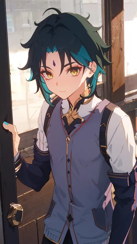 1 boy,dark green hair,highest quality,masterpiece,excessive,male focus,yellow eyes,beautiful eyes,beautiful boy,student,cutter shirt,cardigan,