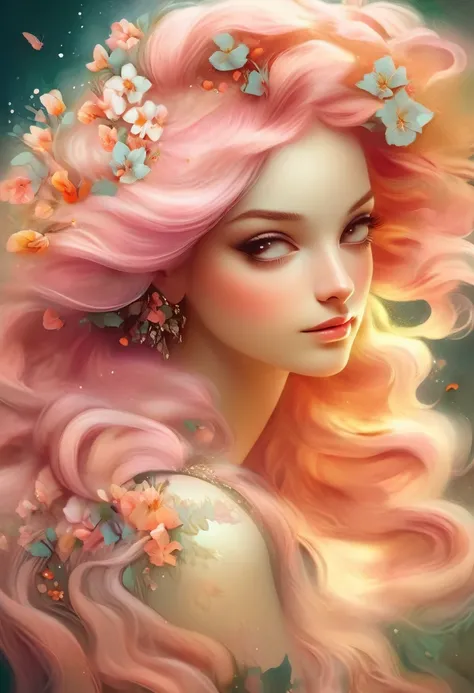 Profile portrait of a woman with long pink hair and flowers in her hair, beautiful digital illustrations, Beautiful artwork illustration, amazing digital illustrations, beautiful digital artwork, Anna Dittmann&#39;s influences, amazing digital art, exquisi...