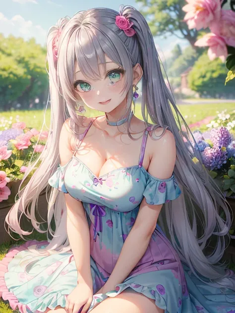 小さなgirl、thick thighs、The arrival of spring、big ass、 (alone:1.5,)Super detailed,bright colors, very beautiful detailed anime face and eyes, look straight, ;d, shiny_skin,girl, ((long silver hair,The inner color is red 、forehead is exposed.、green eyes、、shiny...