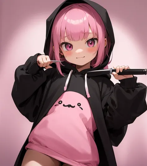 ((little girl)), ((10 years old)), black hoodie, pink hair, curtain bangs, holding a knife, cutesy face, cutesy pose.