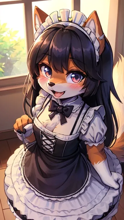 (fluffy anthro furry: 1.6),(young: 1.6),wolf girl,mini girl,blue long hair,light grey fur,wolf tail,beautiful dining room,clear window,maid headdress,maid outfit,black maid glove,maid stocking,red bowtie,seductive face,smile,open mouth,looking at viewer,bl...