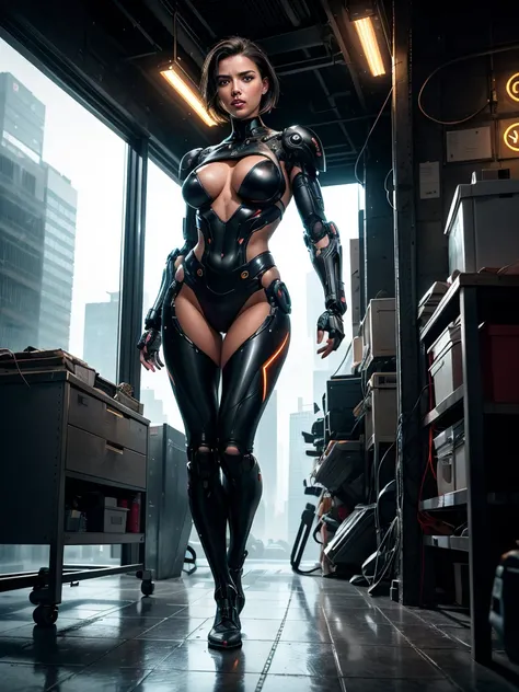 Full body photoshoot, hyperrealism, (photorealistic:1.2), (film grain:1.3), masterpiece, best quality, perfect detail, cinematic lighting, professional photo, realistic photo, raw photo, cyberpunk style, cyborg girl, Adriana Lima, robotic body, athletic ph...