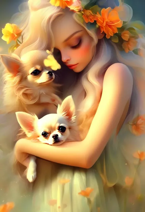 long hair、A woman with flowers in her hair、holding two small chihuahuas in his arms。., background number 28,beautiful digital illustrations, Beautiful artwork illustration, amazing digital illustrations, beautiful digital artwork, Works that influenced Ann...