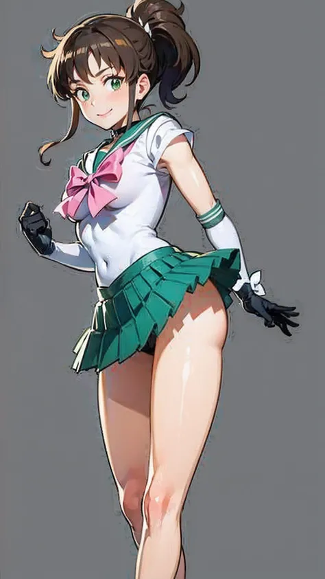 high detailed, best quality, masterpiece, sailor_jupiter, brown ponytail, green eyes, bow, elbow gloves, choker, circlet, green skirt, looking at viewer, smiling, medium shot, (microminiskirt)
standing, extreme detail, hdr, beautiful quality, (simple_backg...