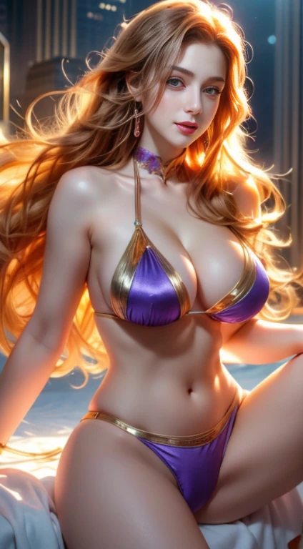 Virtual image,Realistic 8K images,Masterpiece,Complete Anatomy,Sharp details,Highest quality,young woman with long hair, flowing orange hair, With blue eyes,have beautiful breasts.,big breasts,bikini_purple/metallic orange,vibrant and vivid,A smile corners...