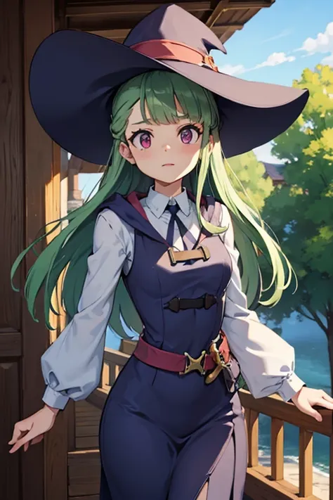 a light green haired female witch with pink eyes with an hourglass figure wearing a Victorian dress is practicing Earth magic in the early morning sun
