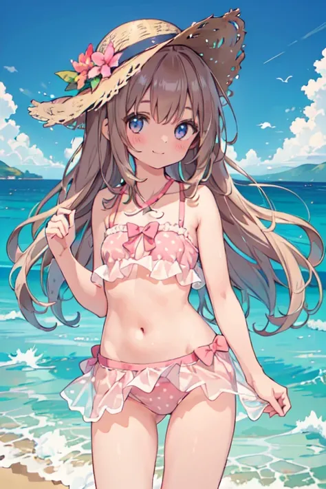 a girl standing in shallow ocean water under a clear blue sky. She has a sun-kissed complexion and long, light brown hair with soft waves cascading over her shoulders. She is wearing a two-piece swimsuit with a strap around the neck; the top is bandeau-sty...