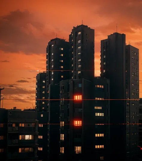 Dystopian future, city, black buildings, red lights, orange sky.