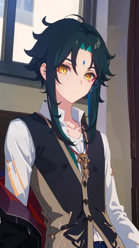 1 boy,dark green hair,highest quality,masterpiece,excessive,male focus,yellow eyes,beautiful eyes,beautiful boy,student,cutter shirt,cardigan,