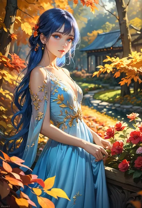 (highest quality:1.2),Super detailed,realistic,portrait,landscape,Beautiful girl in the garden,soft lighting,exquisite details,colorful flowers,golden sunlight,elegant pose,delicate features,flowing dress,calm expression,Long flowing blue hair,beautiful bl...