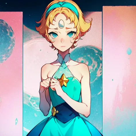 1girl, Pearl, pale, ivory complexion, light-cyan eyes, peach-colored hair, forehead gem, aqua blue tunic, cyan high-waist ribbon, yellow shorts, star emblem, swept-back hair, short hair, pearl gem, pointy nose, perfect anatomy, better hands, shy expression...