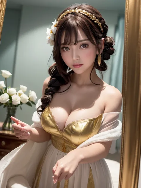 (Grimm fairy tale world),(snow wig,snow white princess:1.3),(who is the most beautiful in the world?  Mirror showing Snow White asking a question:1.3))),(((Girl in the mirror;1.3))),(((Luxurious gold frame mirror:1.3))),skin as white as snow, cheeks and li...