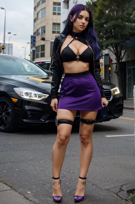 one beautiful women, (wearing: strappy high heel stilettos, colour: black), (wearing: tight uniform, colours: purple and gold, military style), full body view, extrem long hair, cleavage, extrem short skirt, blue hair,