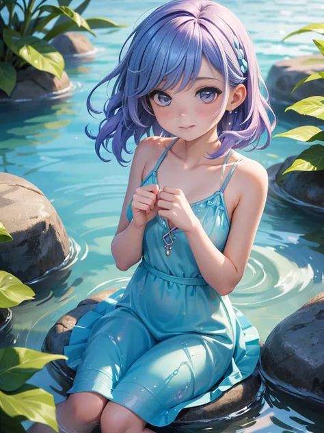 1 girl, female water spirit, watercolor hair, There is spring water inside, Put a few drops of water on your skin,