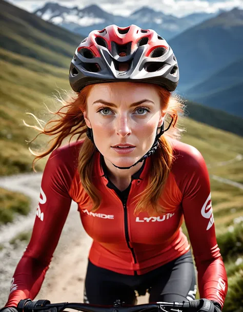 cinematic portrait of a beautiful gorgeous professional female mountain bike enduro racer [elizabeth ii:maude adams:0.4], detail...