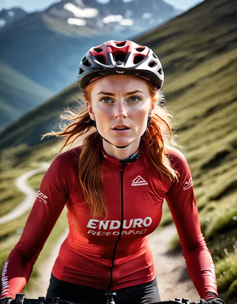 cinematic portrait of a beautiful gorgeous professional female mountain bike enduro racer [elizabeth ii:maude adams:0.4], detail...