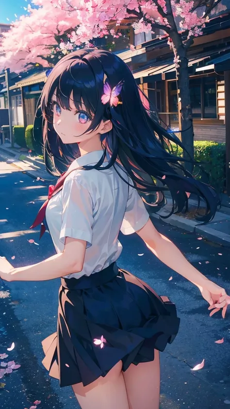 1 anime girl, alone,Black petals flutter, A mysteriously shining butterfly.city,bright hair,jewel eyes,thin legs,very clear,highest quality,close up of face,Many cherry blossoms dance in the sky,beautiful blue sky,School,Schoolの建物,standing in the middle,sc...