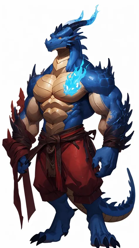 White background，furry，dragon，muscle，red body，full body，Blue flames wrapped around arms，golden eyes，The neck is relatively short，Tall and strong