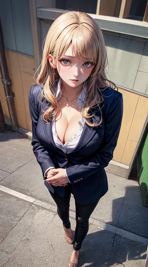 masutepiece, Best Quality, Illustration, Ultra-detailed, finely detail, hight resolution, 8K Wallpaper, Perfect dynamic composition, Beautiful detailed eyes,  Natural Lip,Blazer ,, cleavage, Full body,Put your hands in your pockets